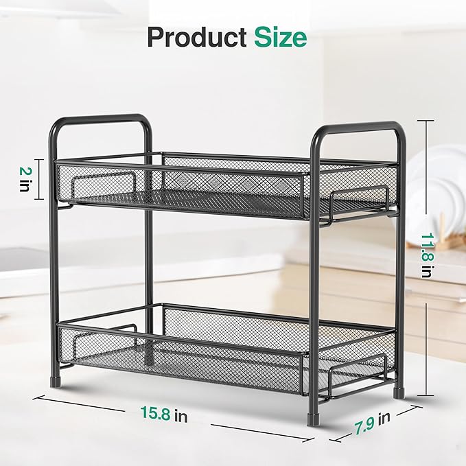 Spice Rack Organizer for Countertop, Xpatee 2-Tier Foldable Metal Rust-Proof Standing Large Seasoning Storage Shelf with Guardrail and Mesh Design for Kitchen Cabinet Bathroom Living Room Pantry, Black