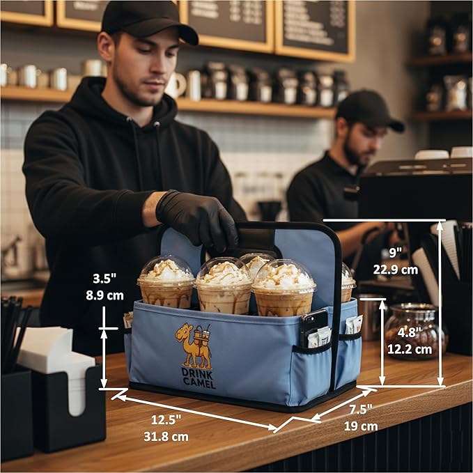 Reusable Drink Carrier with Handle, Foldable 6 Cup Drink Holder Carrier for Delivery, Coffee Cup Carrier, Portable Cup Holder Bag for Drinks, to Go Beverage Drink Organizer (Baby Blue)