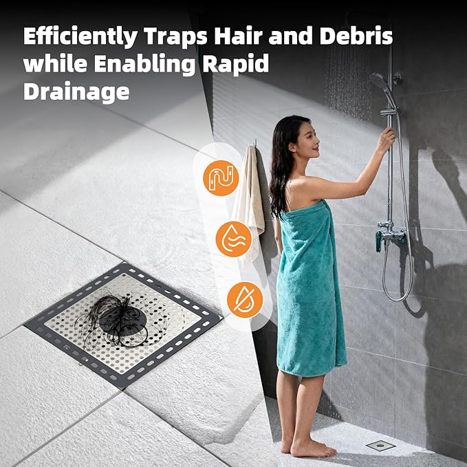 Hibbent Upgraded Shower Drain Hair Catcher, Shower Drain Cover for Bathroom Floor 6" Drain, Anti-Clogging Bathtub Drain Strainer, Stainless Steel Kitchen Sink Drain Strainer with Handle, Dark Grey