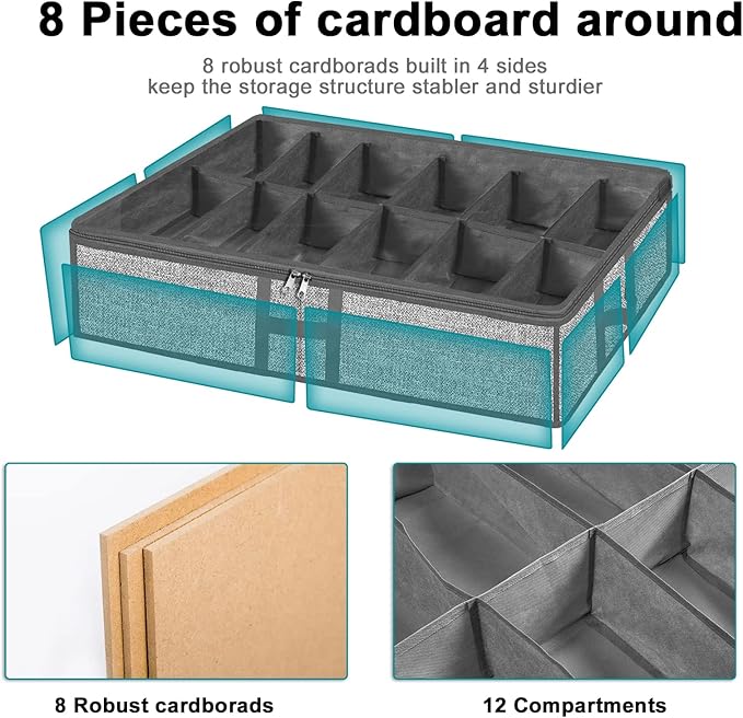 Under Bed Shoe Storage Organizer for Closet 2 Pack - Fits 24 Pairs Underbed Shoes Rack Container Boxes with H Shape Sturdy Handles and Clear Window, Foldable Shoe Rack Holder, Grey