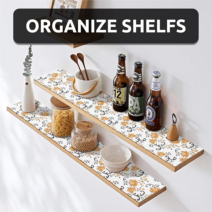 FIFTY FEET 12X120 Inch Shelf Liner for Kitchen Cabinets, PVC Drawer Liner for Dresser Non-Slip Bathroom, Non-Adhesive Cabinet Liner Washable (Yellow Floral)(5 Roll)