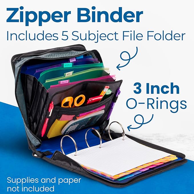 Case-it Binder File Folder 3-inch O-Ring Midnight Blue | 5-Tab Expanding | Zippered Pockets | With Handle and Strap | Pack of 6