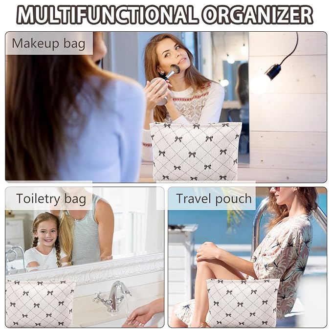 ZLFSRQ Corduroy Makeup Bag for Women Preppy Large Capacity Cosmetic Bags Travel Toiletry Organizer Pouch for Purse Zipper Makeup Brushes Storage Tote Bag Cute Y2K Aesthetic Essential Bags（Khaki Bow）