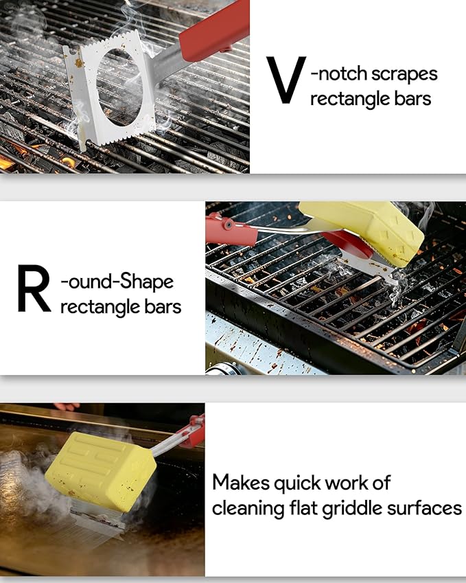 Grill Brush Bristle Free, Steam Grill Cleaning Brush with Scraper, One-Fit-All for All Grate Type, BBQ and Teppanyaki Accessories Cleaner for Outdoor, Two Replaceable Heads