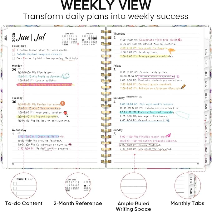 Academic Planner 2026-2027, Weekly and Monthly Calendar Book, July 2026 – June 2027, Hardcover Planner with Tabs, Perfect for Teachers, Students, Women & Men, A5 (6.4" x 8.5") - Songbird Bloom
