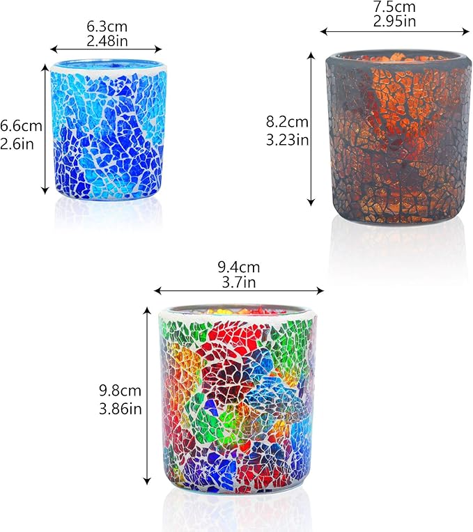 Rancco Tea Light Candle Holder Mosaic Glass Candle Jars, Handmade Romantic Tealight Holders for Make Candles and Essential Oil Diffuser, Table Centerpiece, Bath Decor, Set of 3 in 3 Size, Multicolor