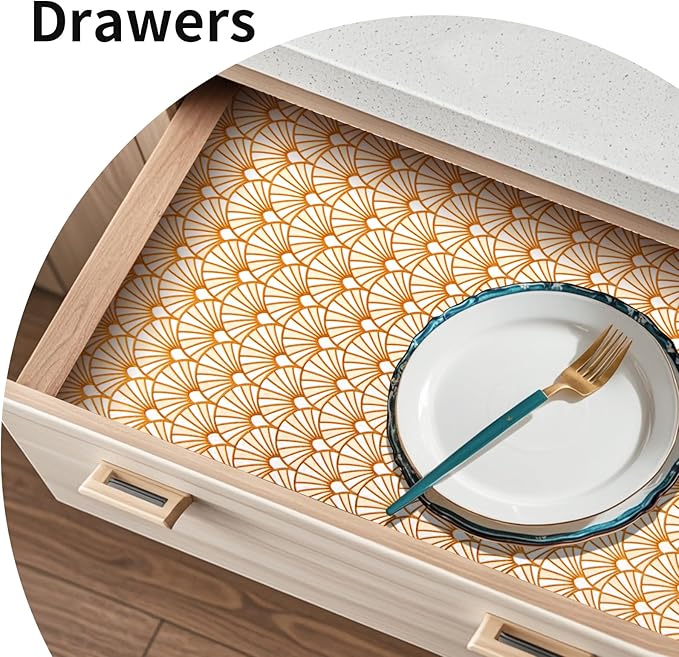 Shelf and Drawer Liner for Kitchen Cabinet,Non-Adhesive Waterproof Oil-Proof Easy Clean Shelf Liner for Dresser & Bathroom Vanities with Adhesive Dots & Cutting Tool(12 in X 10 Ft Gold Fish Scale)