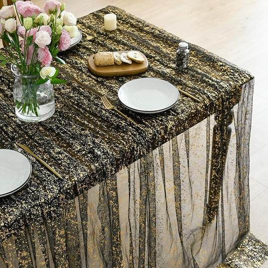 Horaldaily Black Gold Gauze Tablecloth 52x70 Inch Rectangular, Golden Sequin Glitter Metallic Foil, Sheer Tulle Cheesecloth for Wedding Baby Shower Ceremony Birthday