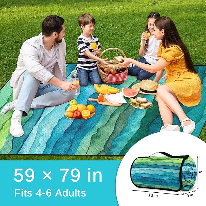 Waterproof Picnic Outdoor Blanket, 79" x 59" Sandproof Foldable Large Picnic Blanket for Beach, Camping, Park, Travel, Concert, Great Gift for Families and Couples (Green Waves)