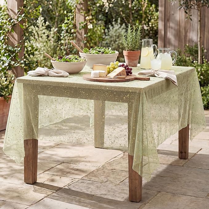 Horaldaily Sage Green Gauze Tablecloth 52x70 Inch Rectangular, Golden Sequin Glitter Metallic Foil, Sheer Tulle Cheesecloth for Wedding Baby Shower Ceremony Birthday