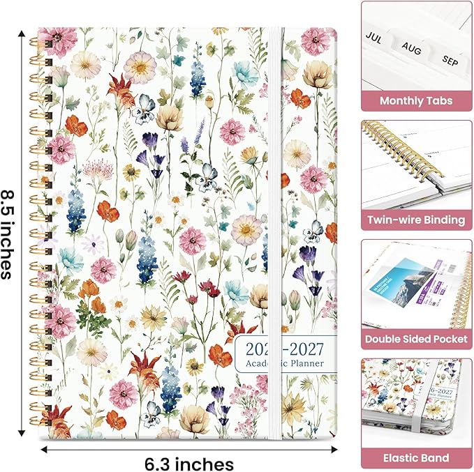 Planner 2026-2027, Academic Year Monthly and Weekly Calendar Planner, Jul 2026 - Jun 2027, Hardcover Teacher Student Planning Agenda book with Tabs, Perfect for School Office Supplies, 6.3" x 8.5" - Wildflowers
