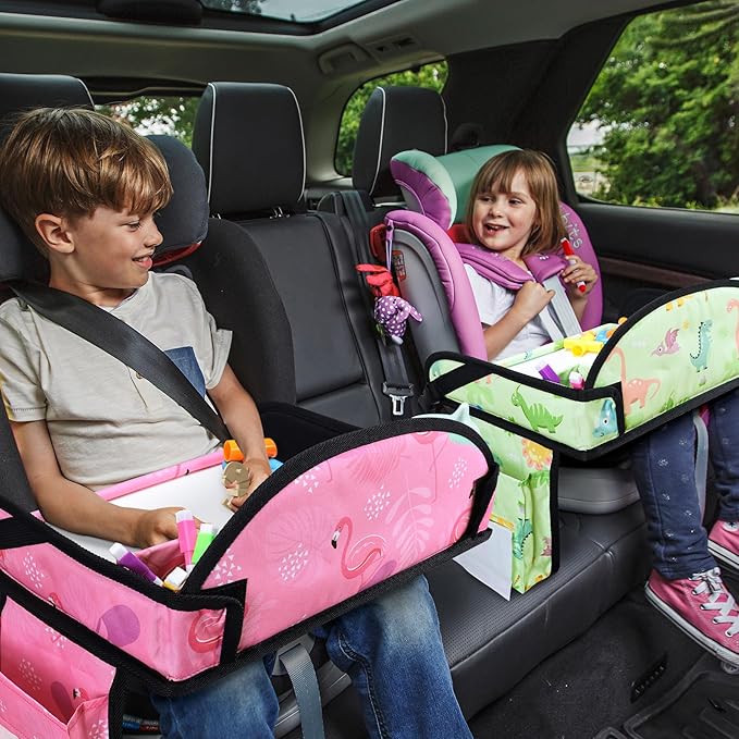 2PCS Kids Travel Tray, Car Seat Tray for kids Travel, Toddler Road Trip Essentials With Drawing Kit, Toddler Lap Desk Organizer for Car, Carseat Table for Airplane