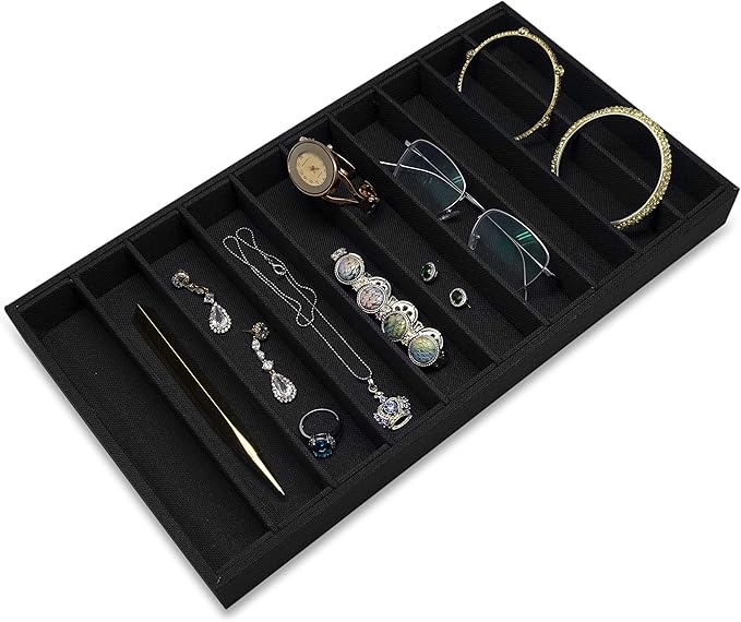 The Display Guys - Stackable Jewelry Tray and Organizer - for Drawers, Dressers, Store Display (10 Compartments, Black Burlap)