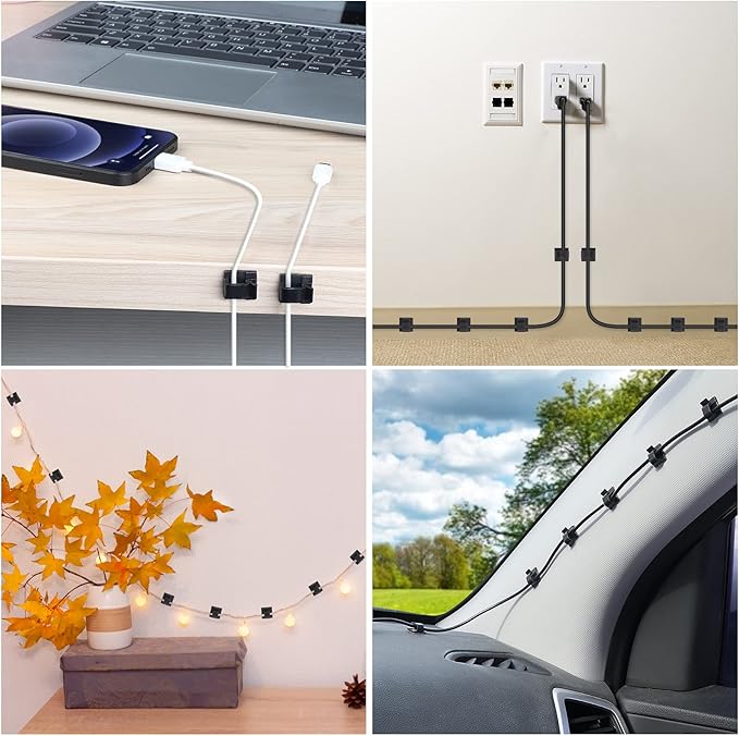 120 PCS Cable Clips, Adhesive Cord Clips for Wires on Wall, Strong Wire Clips Holders Cord Organizer for Cable Management, Christmas Lights, USB, Phone Charger, Cat 6, Car Dash Cam (Large, Black)