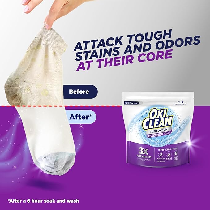 OxiClean Triple Action Odor and Stain Remover Powder, Use with Detergent, Eliminates Tough Odors and Removes Stains, Color Safe and Chlorine Free, 4 lbs