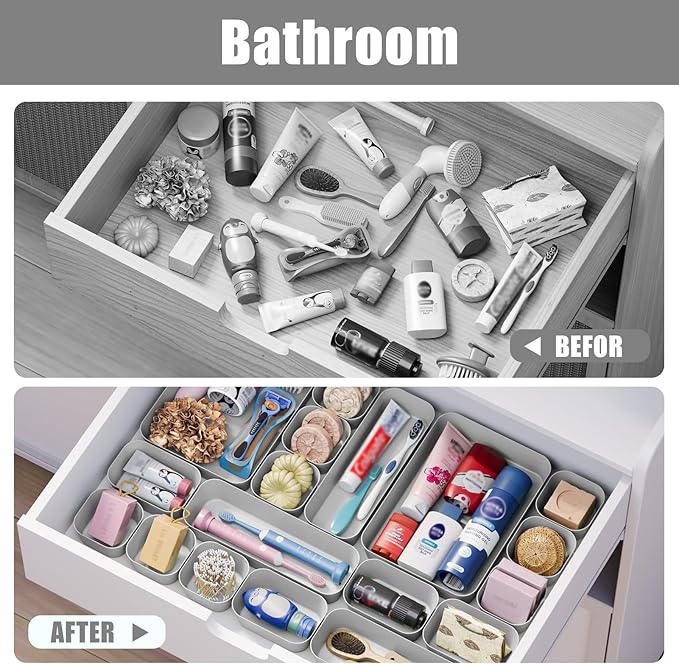 Homhut 18 pcs Desk Drawer Organizer Tray, Multiple Sizes Plastic Drawer Organizer Storage, Stackable Organizer Containers For Makeup, Bedroom, Kitchen Gadgets Utensils and Office