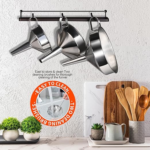 YGDZ Stainless Steel Funnel, 3PCS Kitchen Funnels for Filling Bottles Set, Large Food Grade Metal Funnel with 3pcs Removable Strainer, 2pcs Brushes, Funnels for Kitchen Use, Bottle Funnel for Liquid
