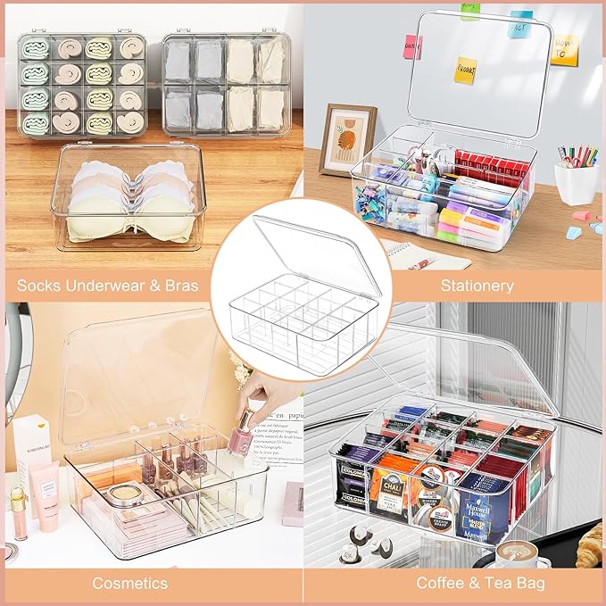 2pcs Sock Underwear Organizer, 16 Compartment Adjustable Dividers Bras Socks Underwear Drawer Organizers for Closet, Clear Plastic Storage Containers Box with Lids for Ties Bra Scarf Socks