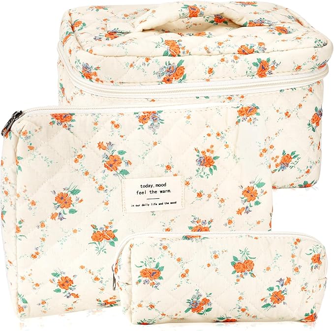 3Pcs Cotton Quilted Makeup Bag for Women Girls Large Small Travel Floral Cosmetic Bags Set Cute Coquette Zipper Makeup Pouch for Purse Aesthetic Cloth Flower Storage Toiletry Bag Organizer