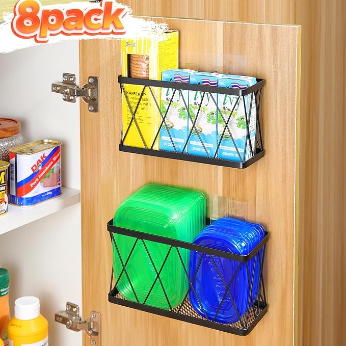 YIGII 8 Pack Inside Cabinet Door Storage, Lid Organizer for Pyrex, Kitchen Bathroom Pantry Storage Organizer Baskets Slim Stainless Steel, Black