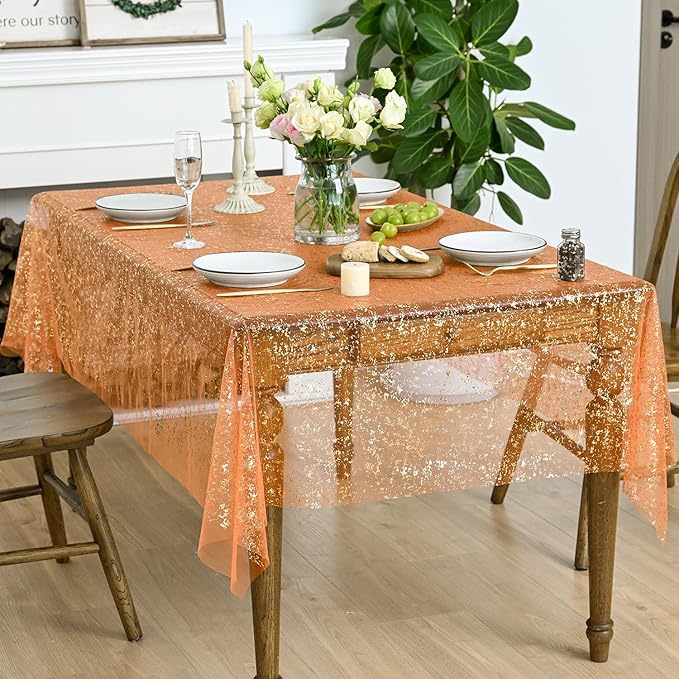Horaldaily Orange Gold Gauze Tablecloth 60x120 Inch Rectangular, Orange Sequin Glitter Metallic Foil, Sheer Tulle Cheesecloth for Wedding Baby Shower Ceremony Birthday