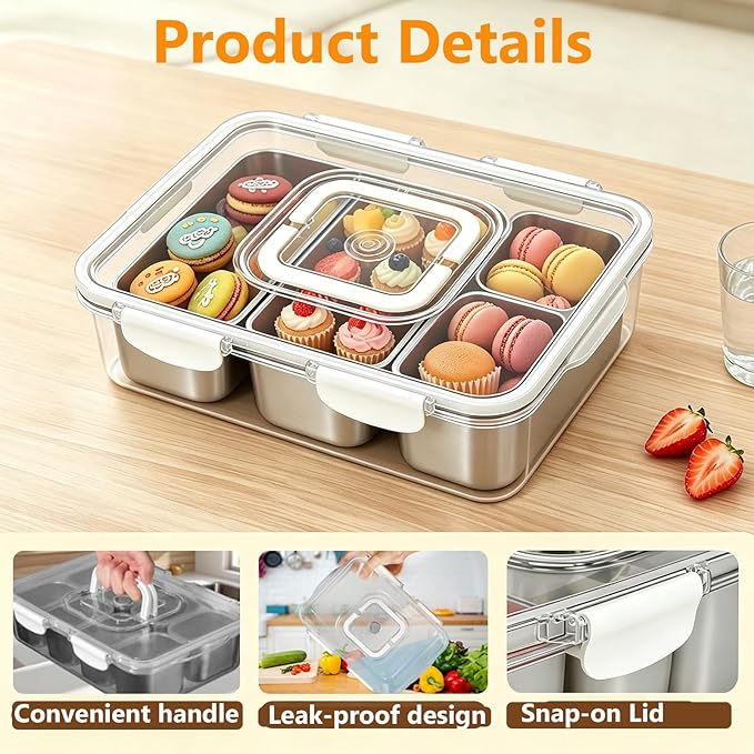 Snackle Box Container, Stainless Steel Divided Serving Tray with Lid and Handle, Large Snack Tray for Fruit Veggie Candy, 3-Compartment Snack Platter for Travel Party Beach Picnic