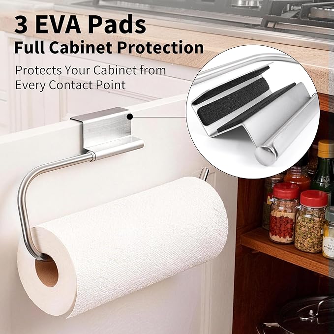 Over Cabinet Door Paper Towel Holder for Kitchen Cabinet Brushed Stainless Steel, Under Sink No Drilling Roll Dispenser for RV