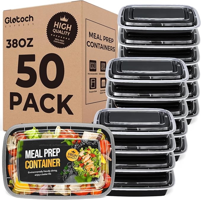 Meal Prep Containers 38oz-50 Pack (100-Piece) Reusable Large Food Storage Containers with Lids Microwave, Freezer, Dishwasher Safe - Leakproof & BPA Free Durable Plastic Bento Box for To Go Take Out