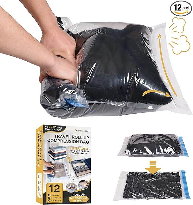 Compression Bags for Travel - Travel Essentials - 12 Pack Space Saver Bags - No Vacuum Needed - Compression Packing Bags for Cruise Accessories