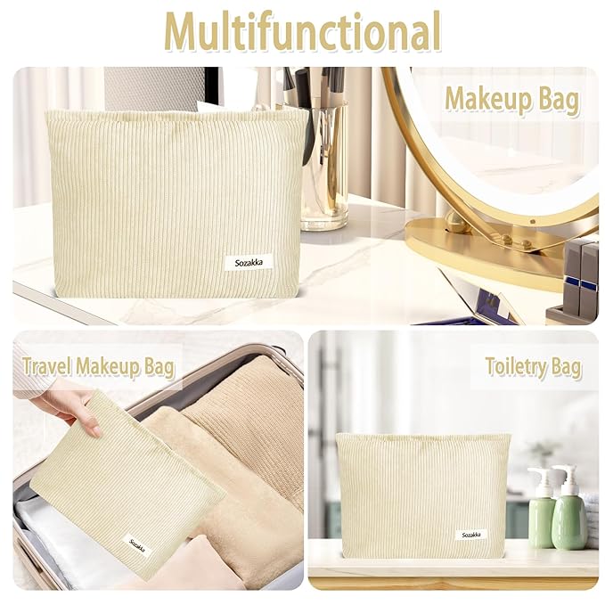 ZLFSQR Corduroy Makeup Bag for Women Small Corduroy Cosmetic Bag Large Cute Travel Makeup Pouch for Purse White Cloth Cosmetic Pouch Zipper Storage Organizer Canvas Toiletry Bags