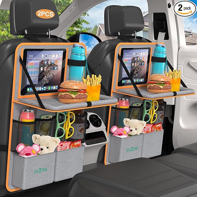 Car Backseat Organizer with Tablet Holder, 11 Storage Pockets with Foldable Food Tray, Protector Kick Mats for Kids, Travel Accessories Organizer (Orange, 2-Pack with Food Tray)