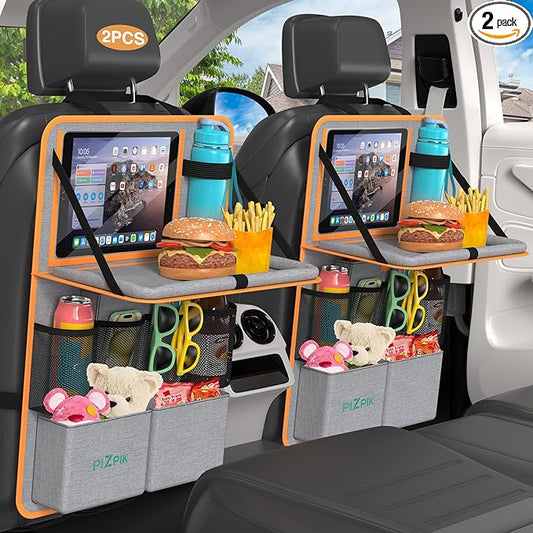 Car Backseat Organizer with Tablet Holder, 11 Storage Pockets with Foldable Food Tray, Protector Kick Mats for Kids, Travel Accessories Organizer (Orange, 2-Pack with Food Tray)