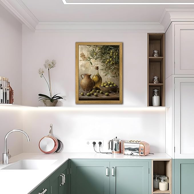 Wood Framed Olive Kitchen Wall Art, Vintage Rustic Still Life Canvas Print, Green Olives Poster Print Picture, Fruit Wall Decor Painting for Dining Room Cafe Restaurant Farmhouse Home Decor 16x24 inch