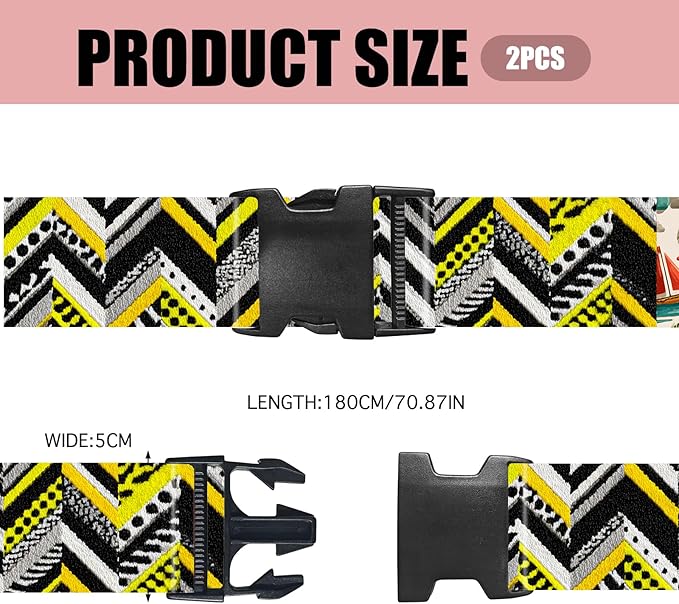 Nuxovilar Luggage Straps Yellow Black Chevron & Leopard Polyester 1.96x90.5inch 2 Set Suitcase Cargo Strap Travel Essential Business Trip Train Station Weekend Getaway