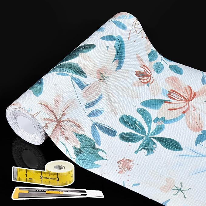 Shelf Liners for Kitchen Cabinets 12in x 20FT, Non Adhesive Drawer Liner Colored Flowers Thickened Shelf Liner Non-Slip Easy to Clean for Tool Box Refrigerator with Knife and Tape Measure