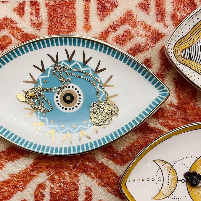 Exquisite Small Ceramic Jewelry Tray - Trinket Dish Evil Eye Decor, Gold Plate Ring Holder, Modern Boho Home Essentials, Perfume Organizer, Witchy, Aesthetic Room Decor (Blue)