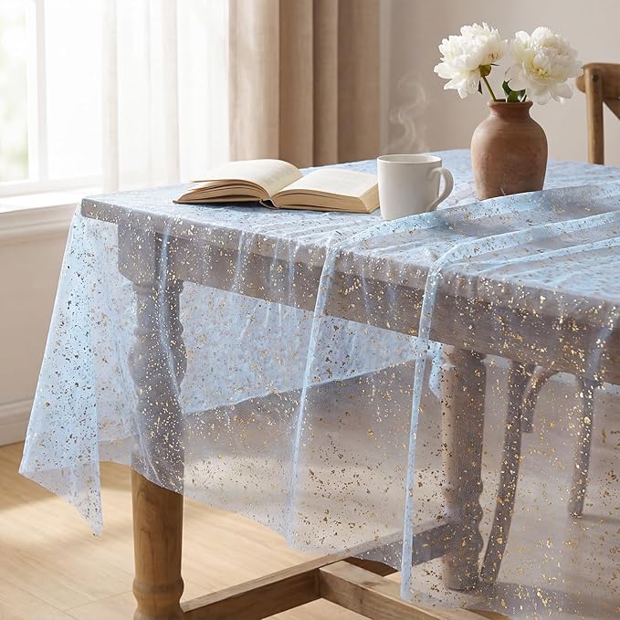 Horaldaily Blue Gold Gauze Tablecloth 52x70 Inch Rectangular, Golden Sequin Glitter Metallic Foil, Sheer Tulle Cheesecloth for Wedding Baby Shower Ceremony Birthday