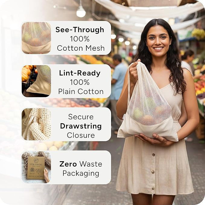 LEAFICO Reusable Produce Bags – 100% Cotton Mesh & Solid Hybrid (Medium 10x12 inch 3 Pcs) – Grocery Storage Bags for Fruit, Vegetables, Bulk Food – Washable, Plastic-Free, Breathable, Zero Waste