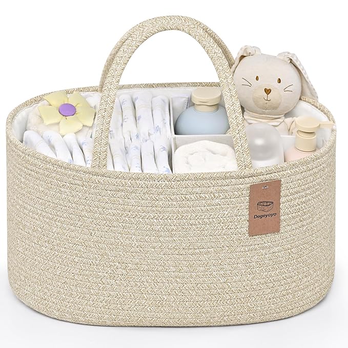 Baby Diaper Caddy Organizer, Cotton Rope Diaper Basket, Baby Basket for Changing Table, Nursery, Car, Changing Table Storage Bin With Removable Divider, Baby Shower Gifts for Newborn, Baby Essentials