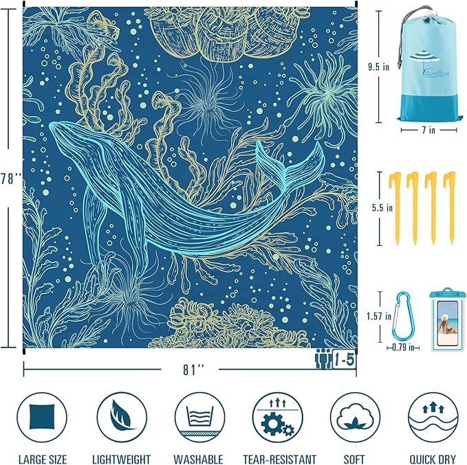 Famstar Beach Blanket Sandproof Waterproof 78''×81''1-5Adults Oversized,Compact Lightweight Durable Beach Mat for Travel Camping Hiking Picnic Blanket