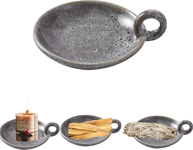 1pack Vintage Ceramic Candle Holders with Handle, Round Farmhouse Ceramic Plate Tray,Sage Holder for Burning,Incense Holder for Meditation Room Home Decor(Green)