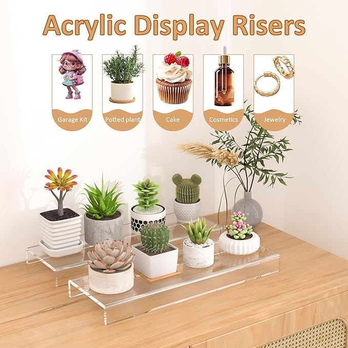 Acrylic Shelf Riser 12x3.9x1 pack of 2, Clear Display Shelf 12” for Shoes, Glasses, Plants, Home Decors, Perfume, 12x3.9x1 Inch