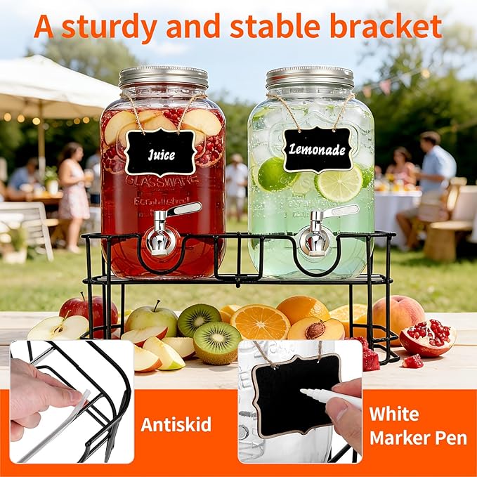 1 Gallon Glass Beverage Dispenser, 2 Pack Glass Drink Dispensers for ies with Stand, Lid&Stainless Steel Spigot, Lemonade Dispenser With Ice Cylinder for Weddings, Sun Tea Jar, Juice Dispensers