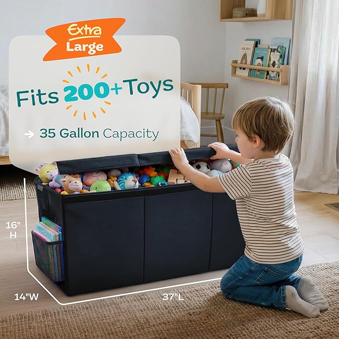 Extra Large Toy Storage Organizer with Lid - Sturdy, Collapsible Toy Chest Storage Box Design - Toys Bin with Dividers for Kids, Nursery, Bedroom, Playroom 37"x16"x14"