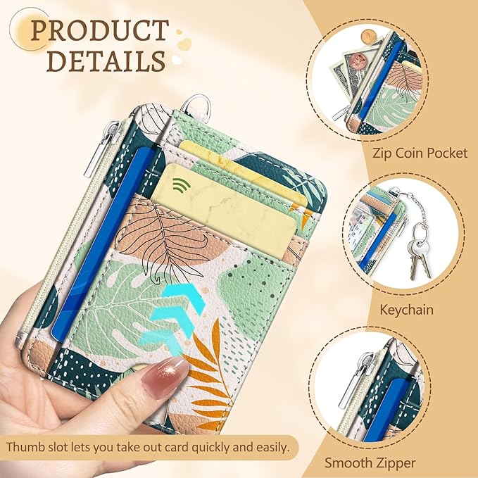 Abstract Boho Leaves Credit Card Holder Small Wallet Women, Slim RFID Blocking Wallet Woman Keychain with Zipper Coin Pocket, Front Pocket Thin Travel Card Case ID Window Female Ladies Gifts