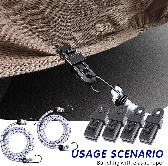 2 PCS Car Wind Protector Cover Gust Straps, 5.08ft Wear-Resistant Automotives Tensile Strap with 4 Windproof Clip, Universal for Most Cars (White)