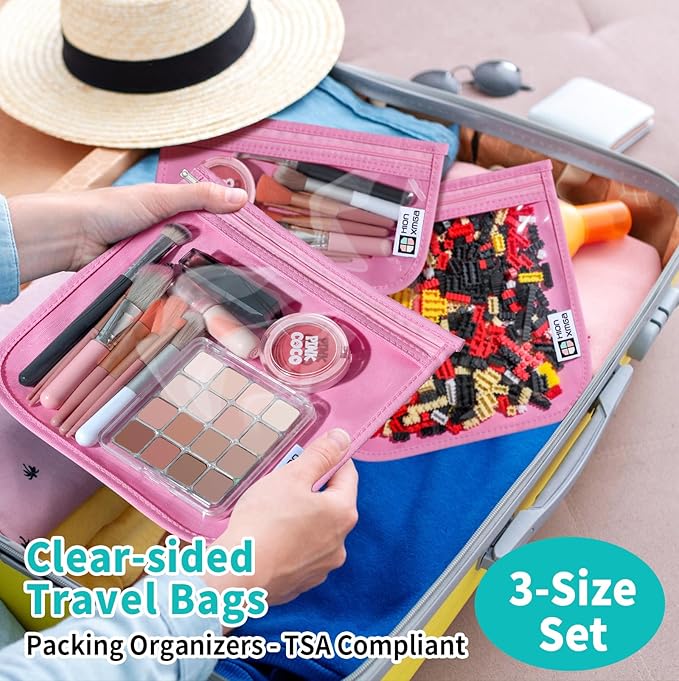 TSA Approved Toiletry Bag, Set of 3 Clear Travel Toiletry Bag Quart Size Zipper Travel Pouch, Waterproof Makeup Cosmetic Bag for Women Men Kids Toiletries Carry on, Pink