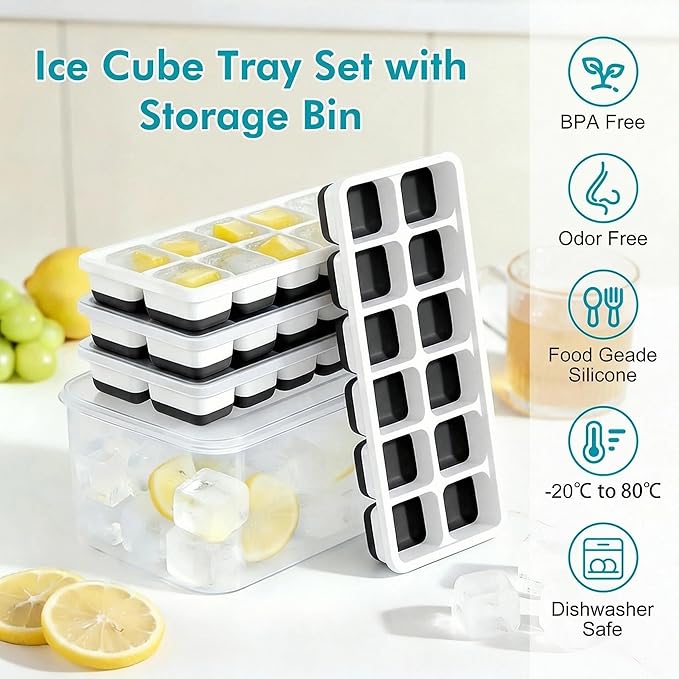NFK Ice Cube Tray with Lid & Bin - 4 Pack 48 Cubes Stackable Silicone Trays for Freezer with Storage Container, Leak-Proof Lids, BPA-Free, Easy Release for Kitchen, RV, Party, Cocktail & Coffee