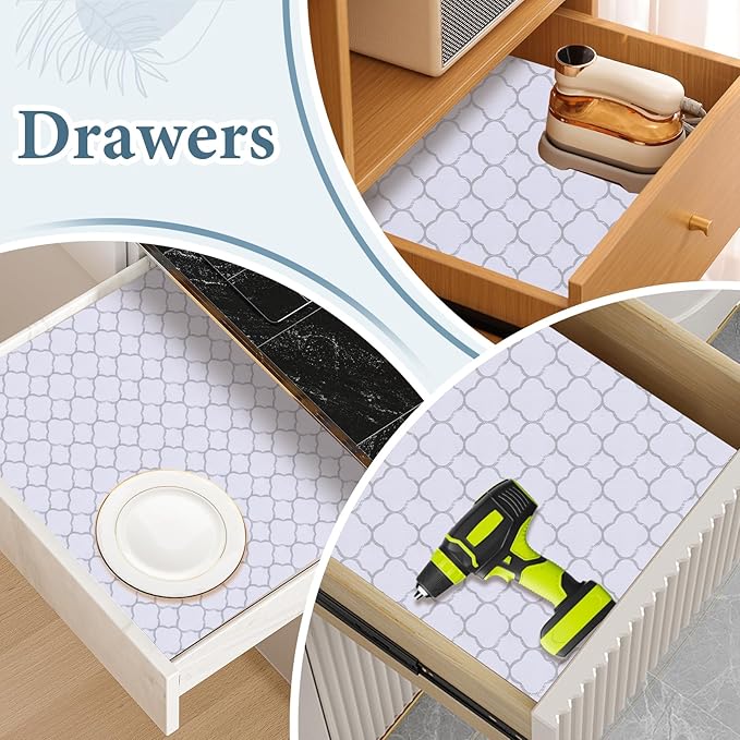 Shelf Liners for Kitchen Cabinets 17in x 20FT Non Adhesive Drawer Liner Silver Quatrefoil Shelf Liner Paper Strong Non-Slip Easy to Clean for Tool Box Refrigerator with Knife and Tape Measure