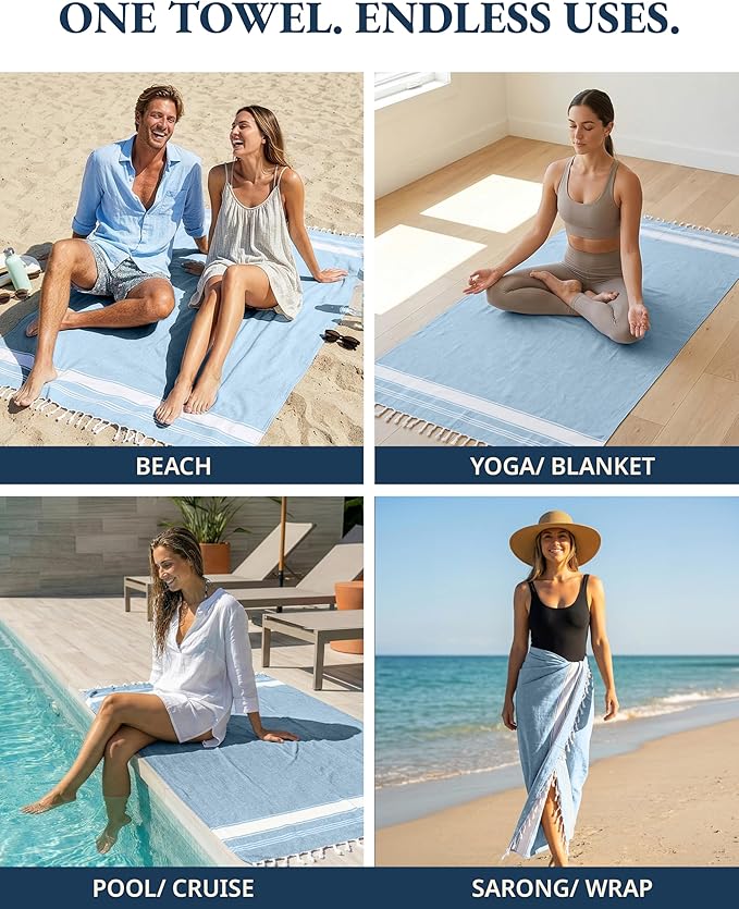 LANE LINEN Turkish Beach Towel, Oversized Beach Towel 39"x71", Lightweight Beach Essentials for Women, Large Pool Towel, Absorbent & Quick Dry, Sand Free Beach Towel - Sky Blue